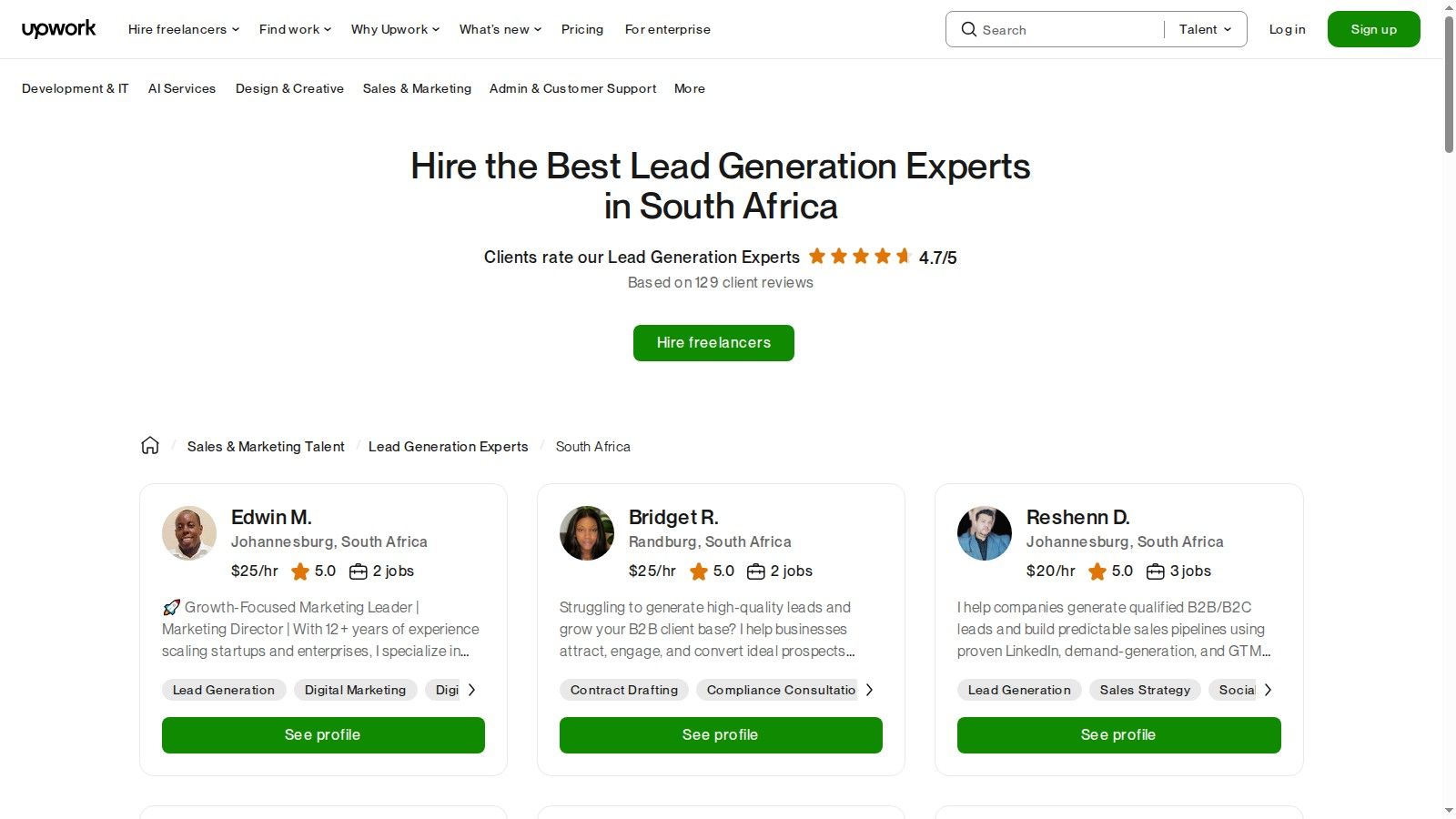 A screenshot of the Upwork website showing a list of lead generation freelancers available in South Africa, with their hourly rates and job success scores.