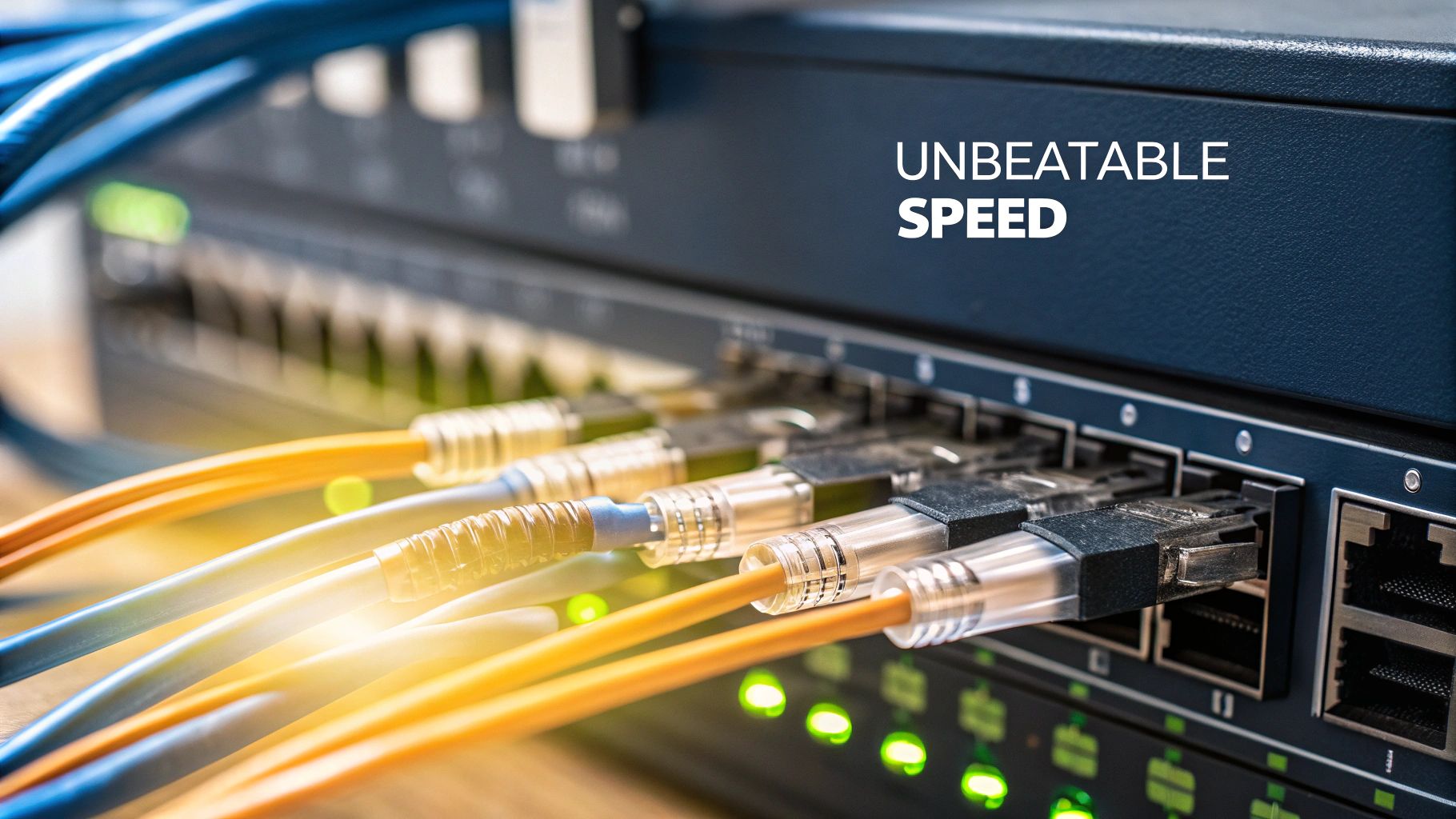 Ethernet cables glowing and plugged into a dark network switch with green indicator lights and text 'UNBEATABLE SPEED'.