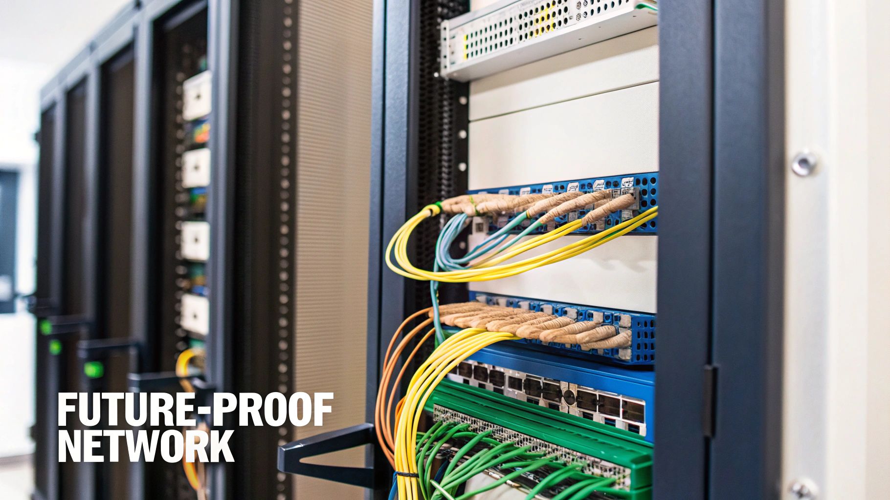 Close-up of server racks in a modern data center with various network cables and equipment.