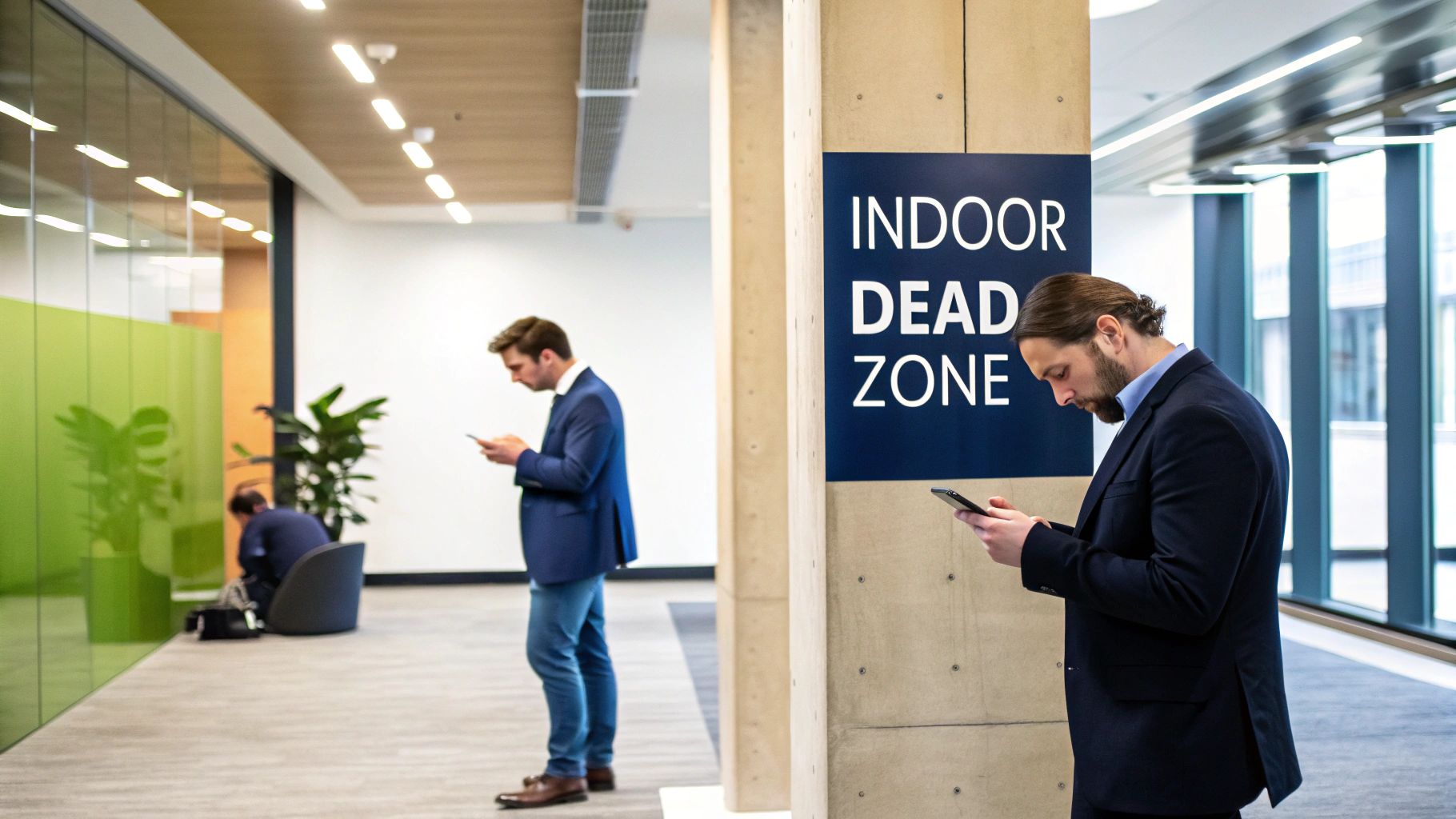 A person looking at their phone with a low signal icon displayed.