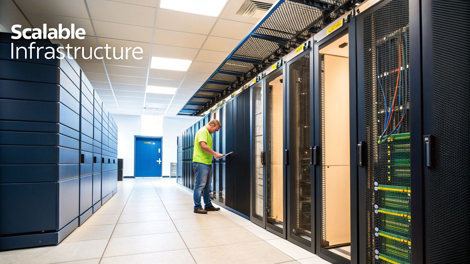 A technician inspects server racks with a tablet in a modern data center, showcasing scalable infrastructure.
