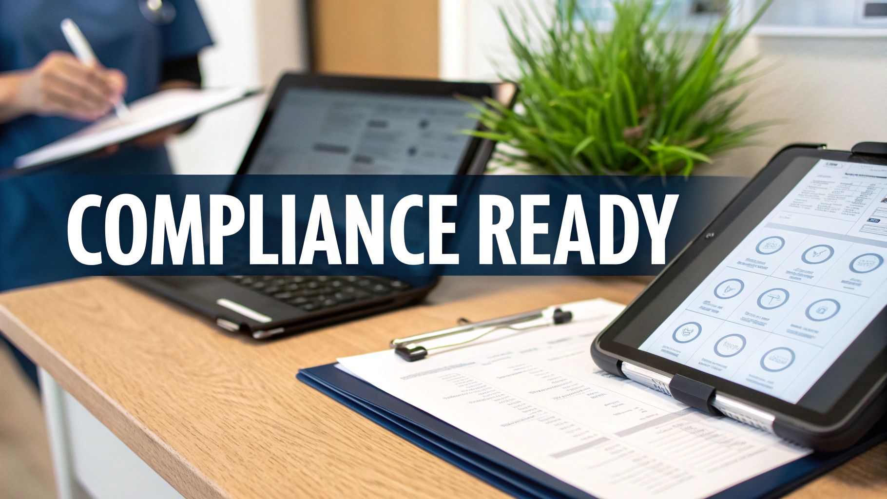 Healthcare professional working at a desk with laptop, tablet, and documents, highlighted by 'COMPLIANCE READY' banner.