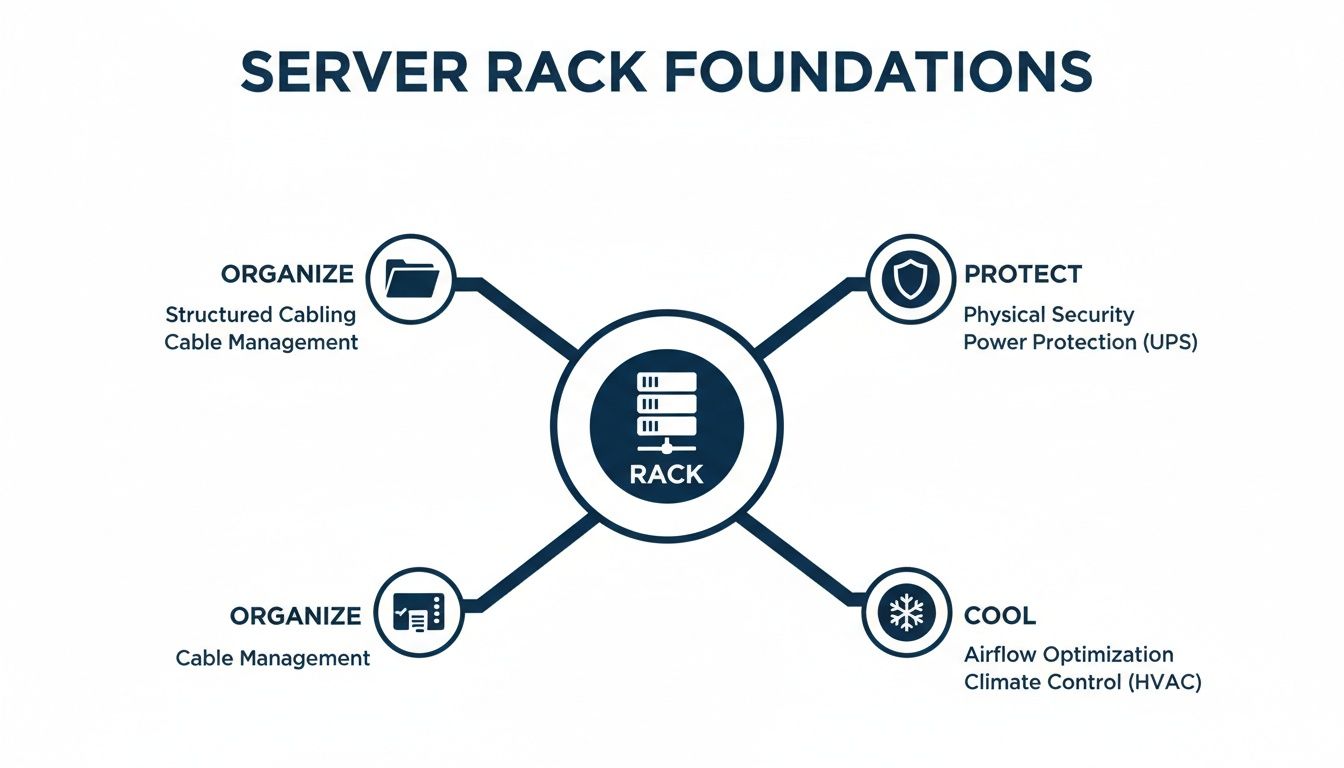 Diagram illustrating server rack foundations, covering organization, protection, and cooling essential for data centers.