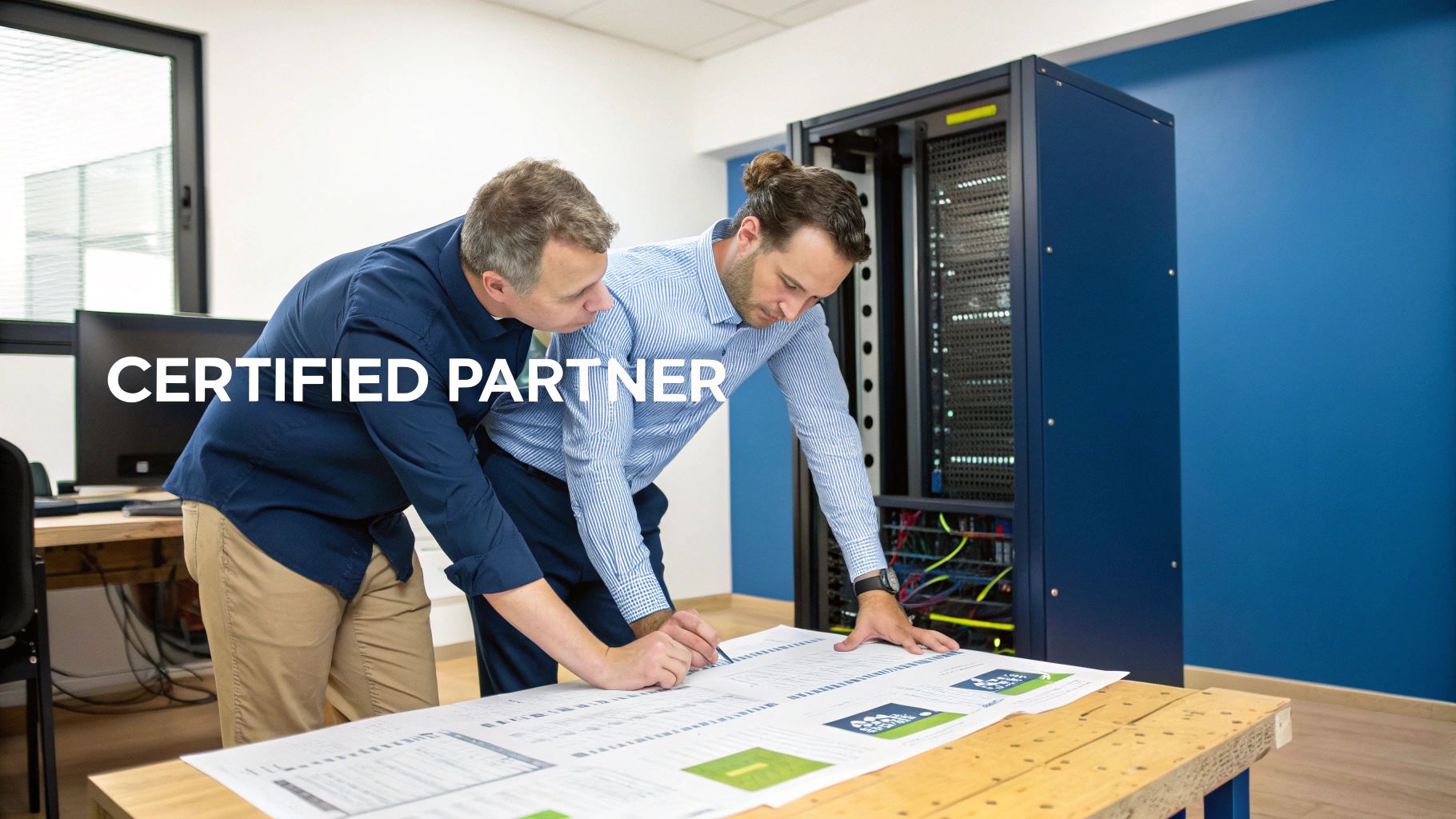 Two men, likely engineers, review technical documents in an IT environment with a server rack.