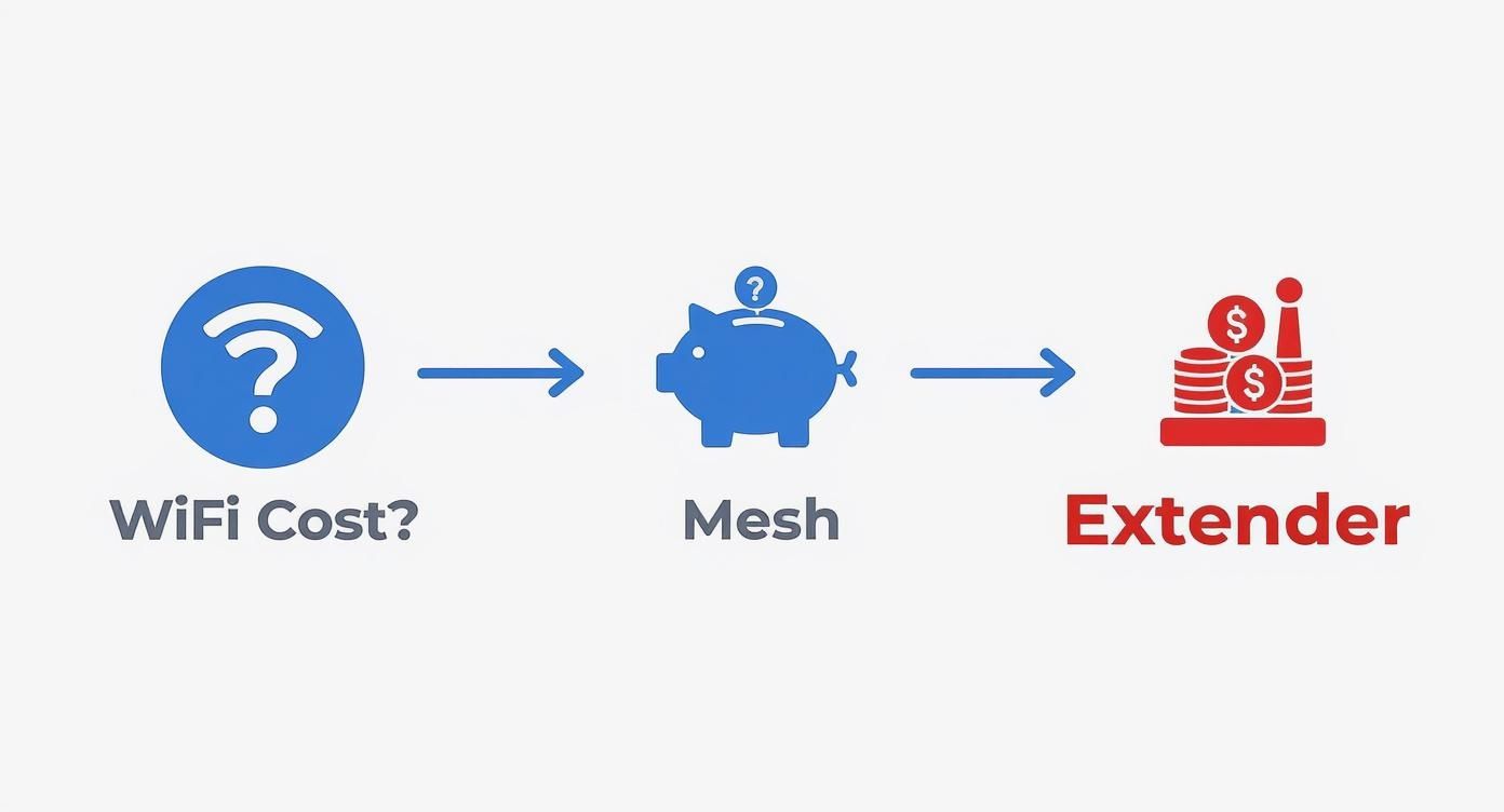 Infographic illustrating the potential cost comparison between Mesh WiFi systems and WiFi Extenders.