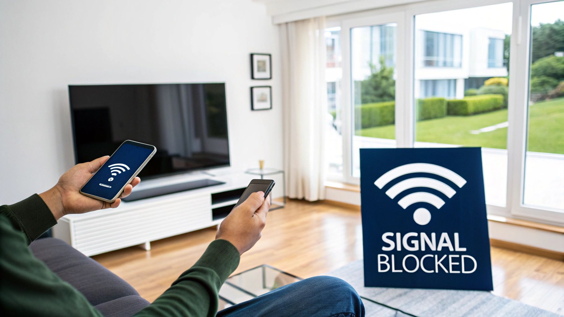 A person looking at their mobile phone with a weak signal indicator in a modern living room