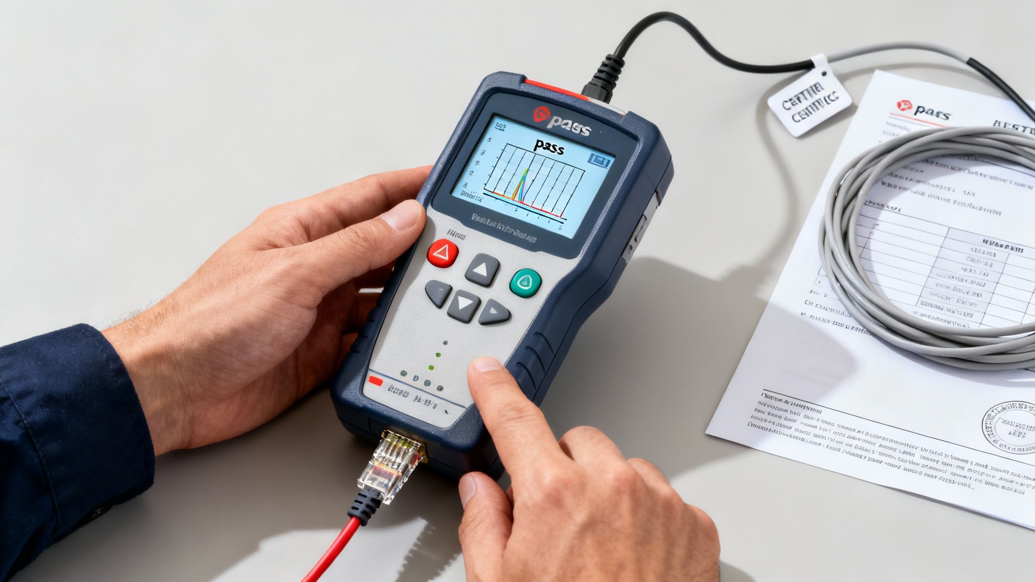 A person&#39;s hands operate a network cable tester showing a &#39;pass&#39; result on its screen.