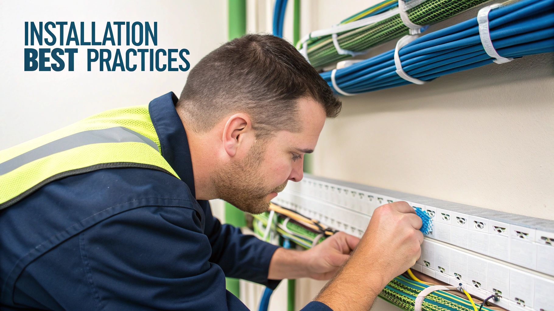 A technician in a safety vest installs and organizes cables in a wall-mounted raceway system.