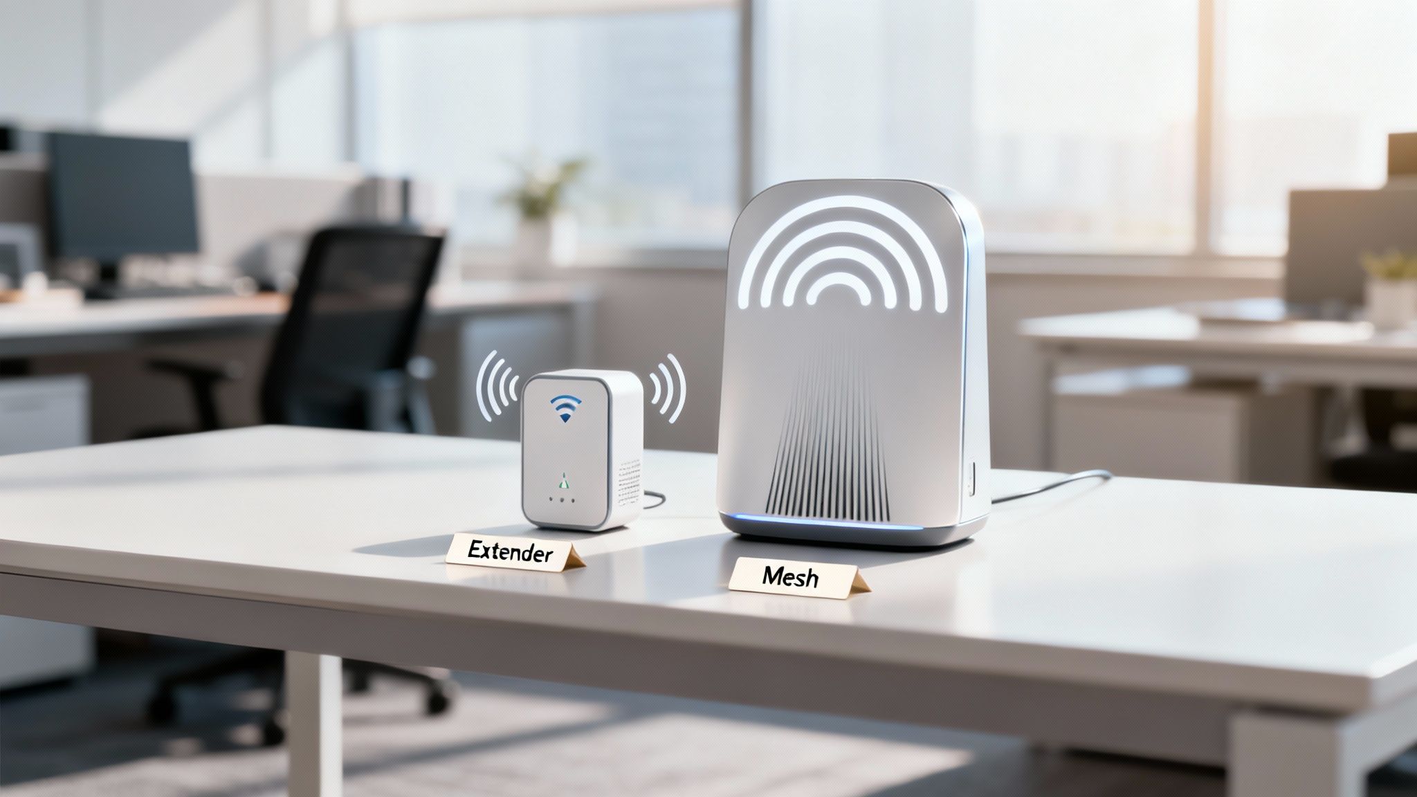 A WiFi extender and a Mesh system are displayed on an office desk, illustrating internet coverage.