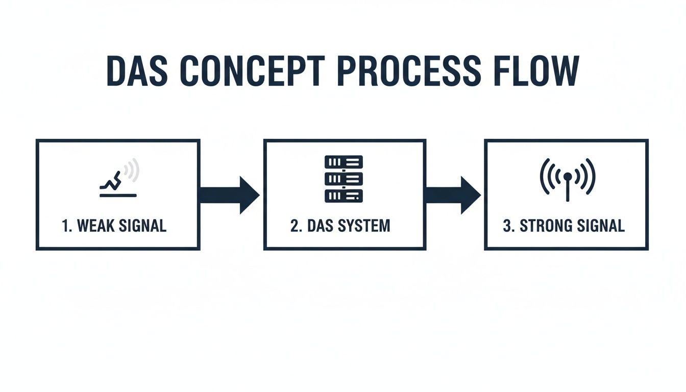 Flow diagram illustrating a Distributed Antenna System (DAS) process from a weak signal to a strong signal.
