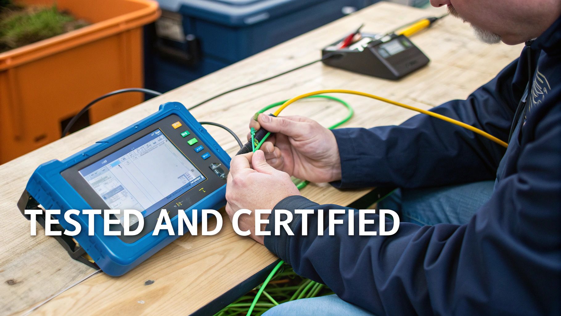 Man connecting green and yellow fibre optic cables to a blue testing device on a wooden table.