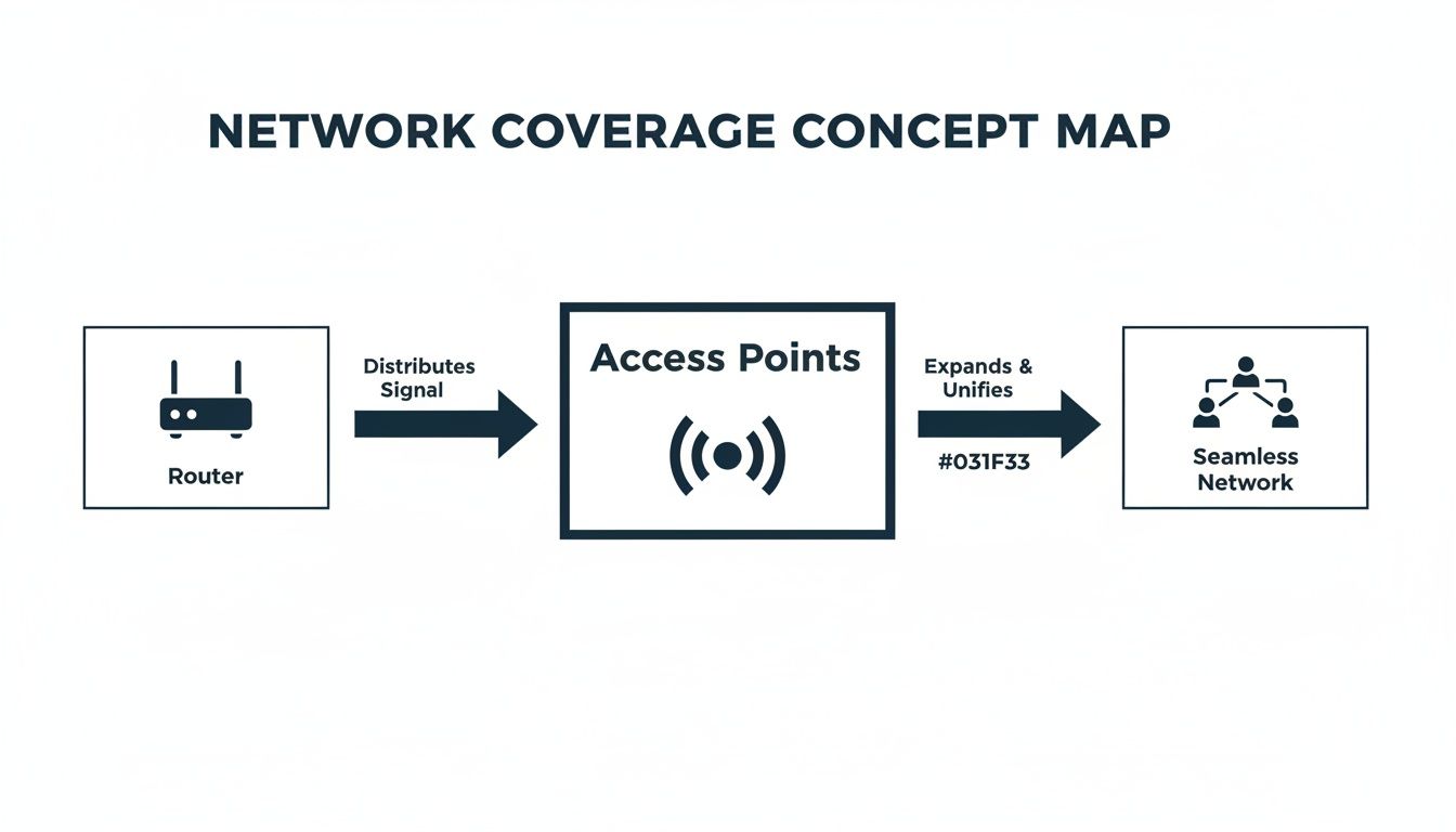 Diagram showing how routers distribute signals to access points, creating a unified, seamless network.