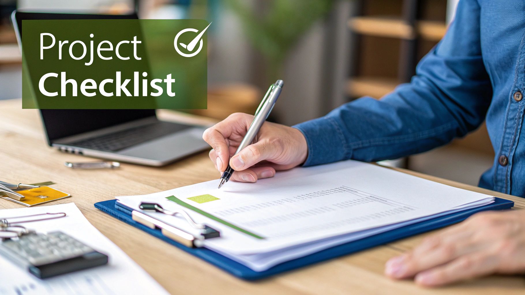 A person writes on a 'Project Checklist' document with a pen on a wooden desk.