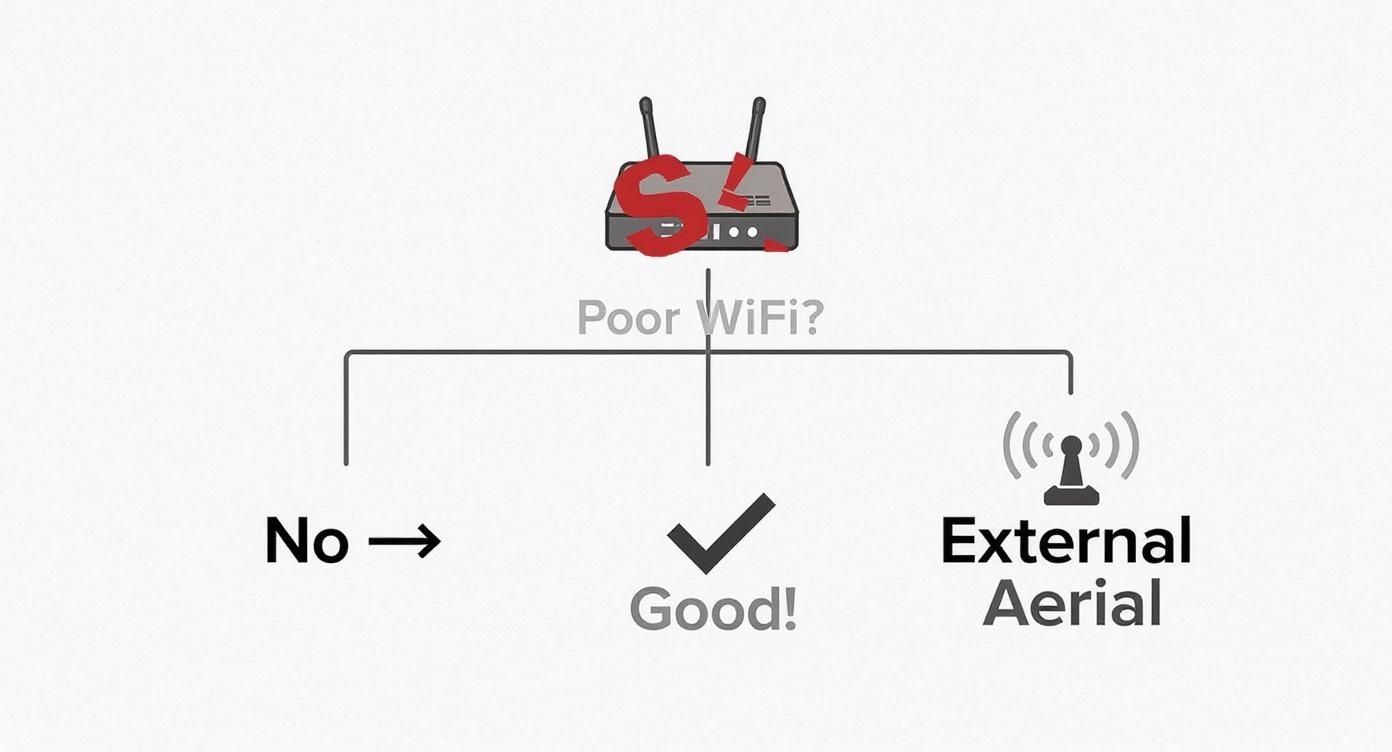 Diagram illustrating a decision flow for poor WiFi, suggesting an external aerial as a solution.