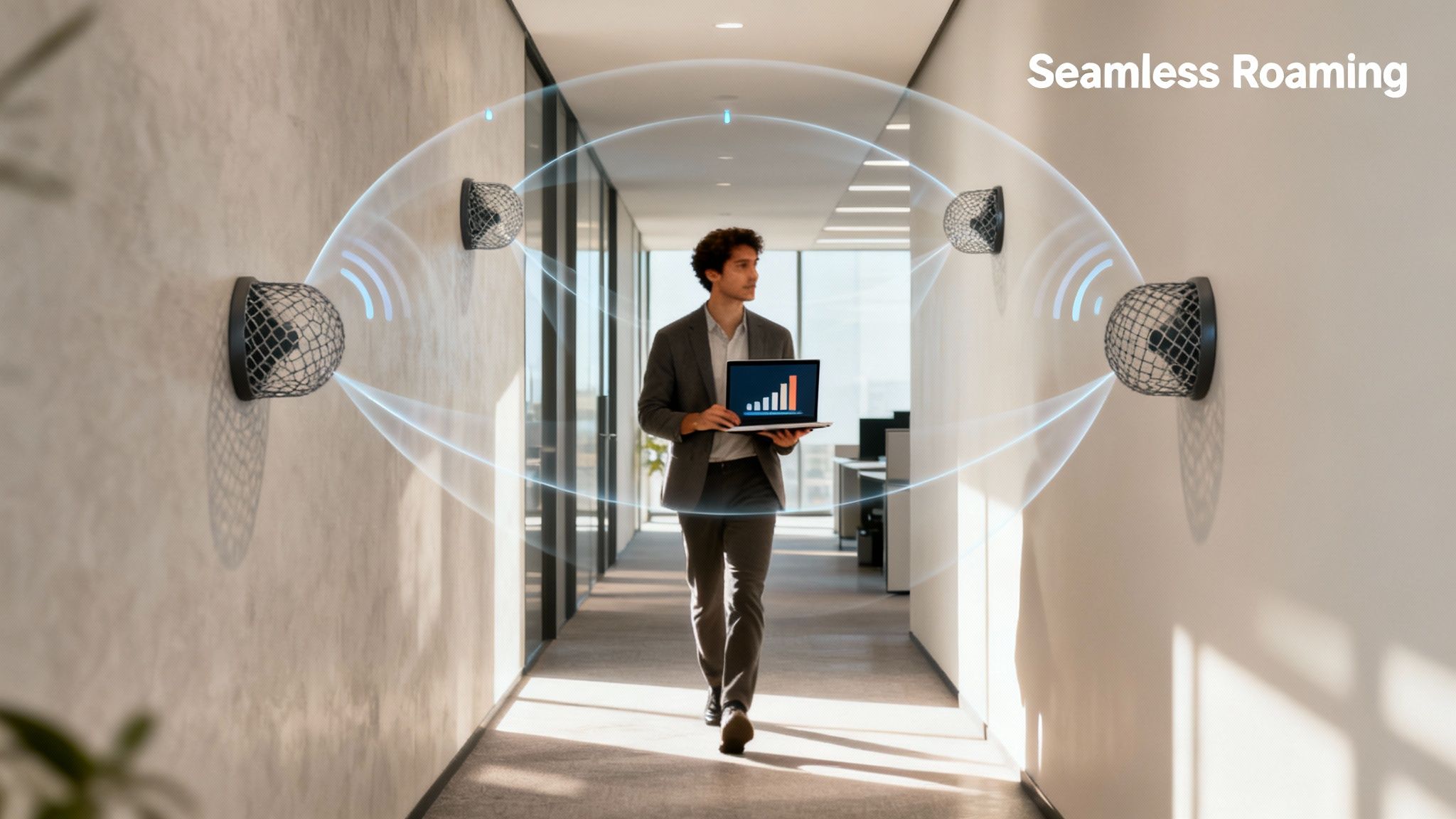 Man walks with laptop showing strong Wi-Fi signal, surrounded by mesh network devices in an office hallway.