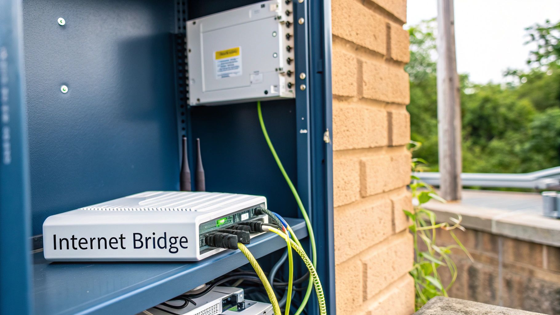 A white 'Internet Bridge' device with cables inside an open outdoor blue telecommunications cabinet.
