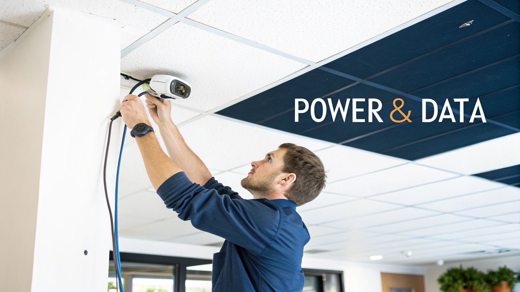 Two professionals in a server room, with one working on a server rack and the other inspecting CCTV cameras.