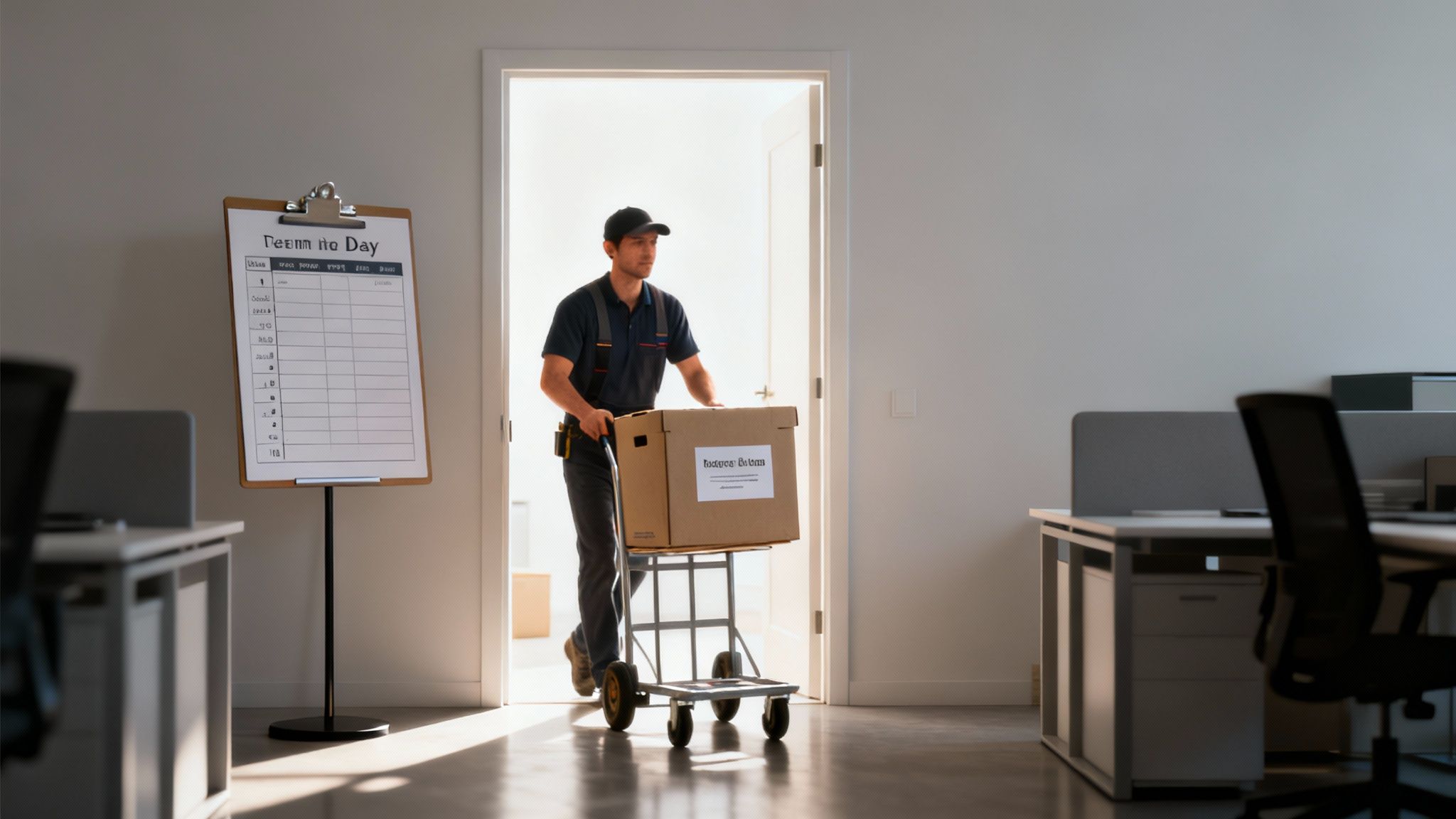 A delivery man in uniform pushes a cardboard box on a hand truck into a modern office. There's a whiteboard with a checklist on a stand and several desks with computers in the office.