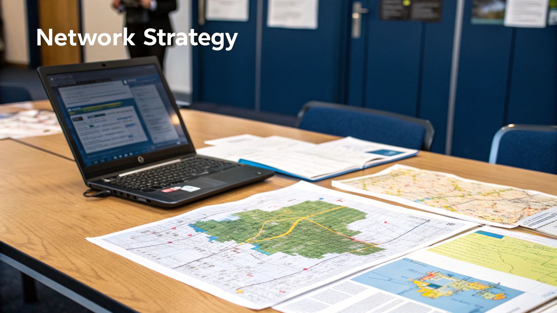 A network engineer installing and testing structured cabling in a modern office environment.