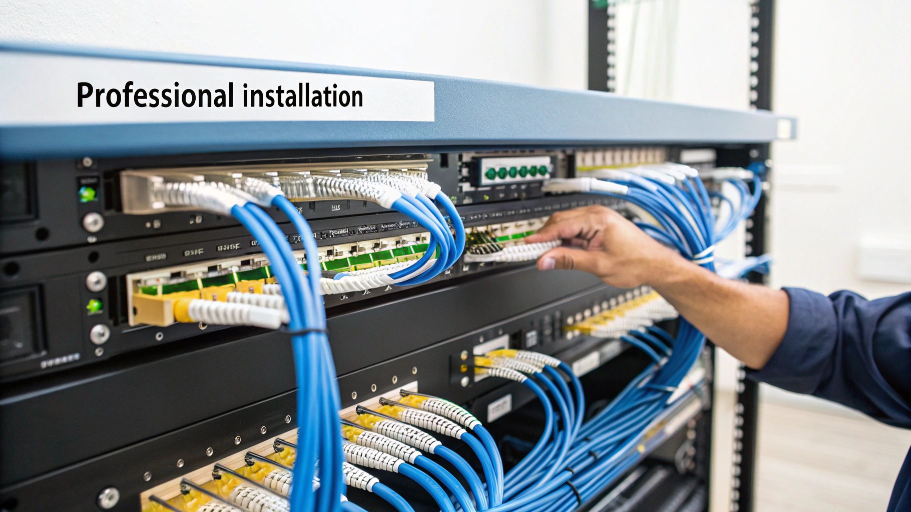 A technician installs blue network cables into a server rack with multiple patch panels.