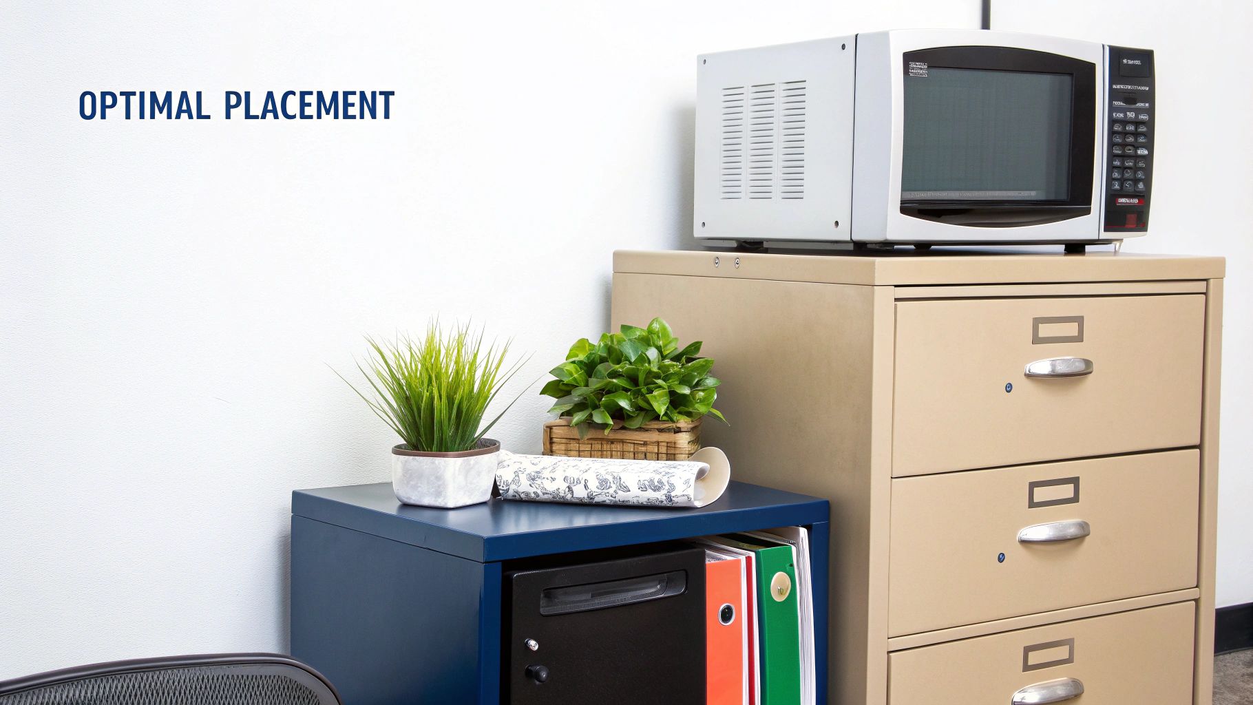 A microwave on a filing cabinet, with plants on a blue cabinet, and 'OPTIMAL PLACEMENT' text on the wall.