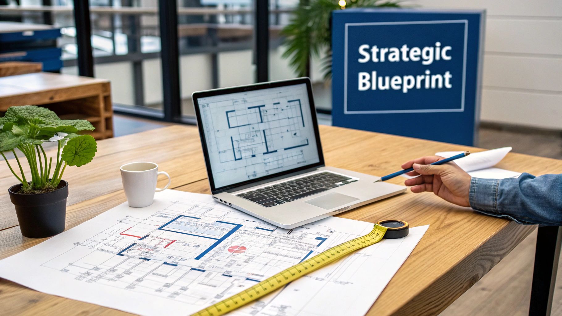 A person working on an office desk with architectural blueprints, a laptop, and a 'Strategic Blueprint' sign.