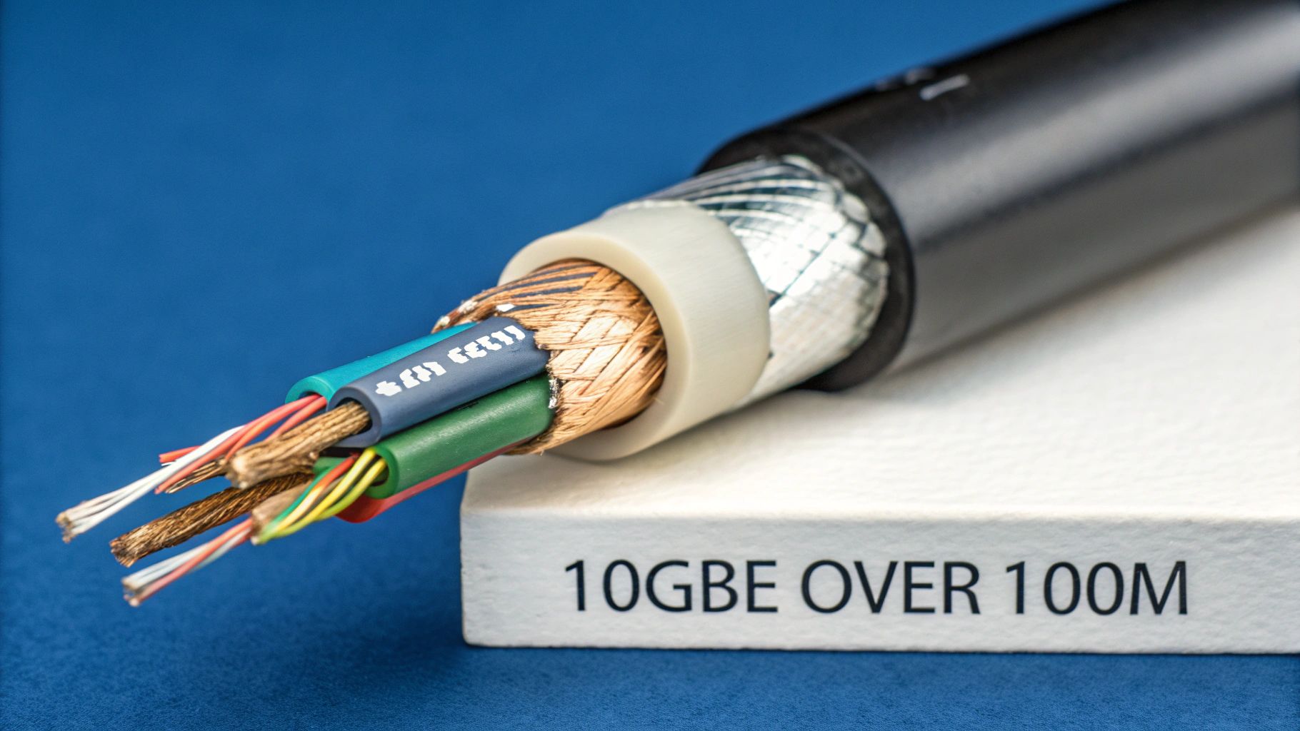 Detailed cross-section of a Cat6a Ethernet cable showing shielded layers, twisted pairs, and copper braid.