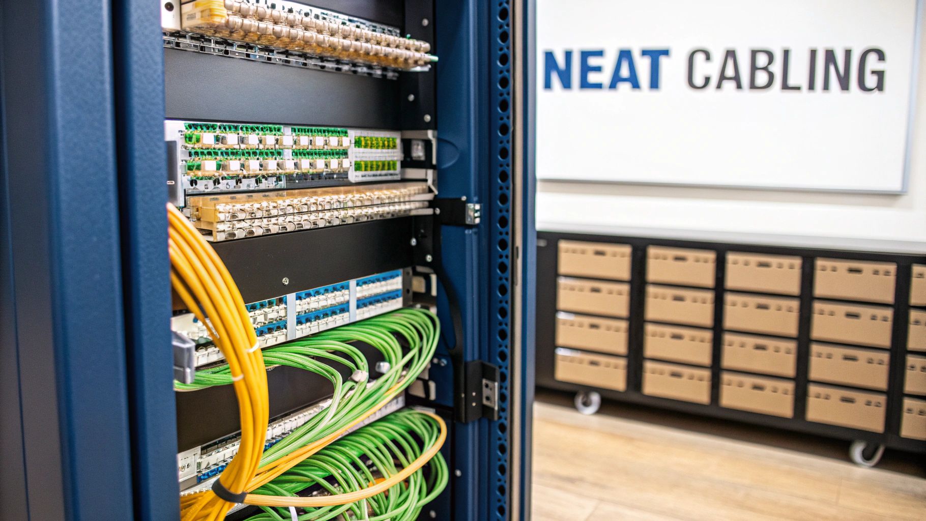 A blue server rack filled with neatly organized yellow and green network cables and patch panels, with a 'NEAT CABLING' sign in the background.