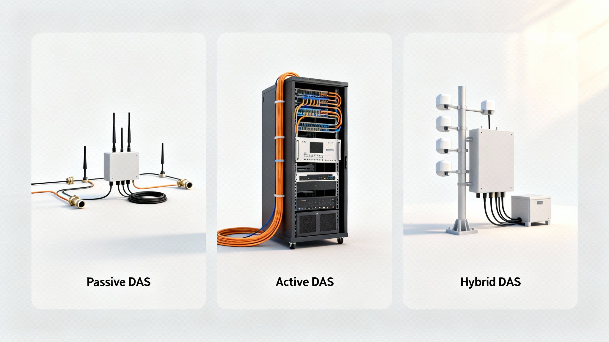 Three distinct Distributed Antenna Systems: Passive, Active, and Hybrid DAS setups with their components.