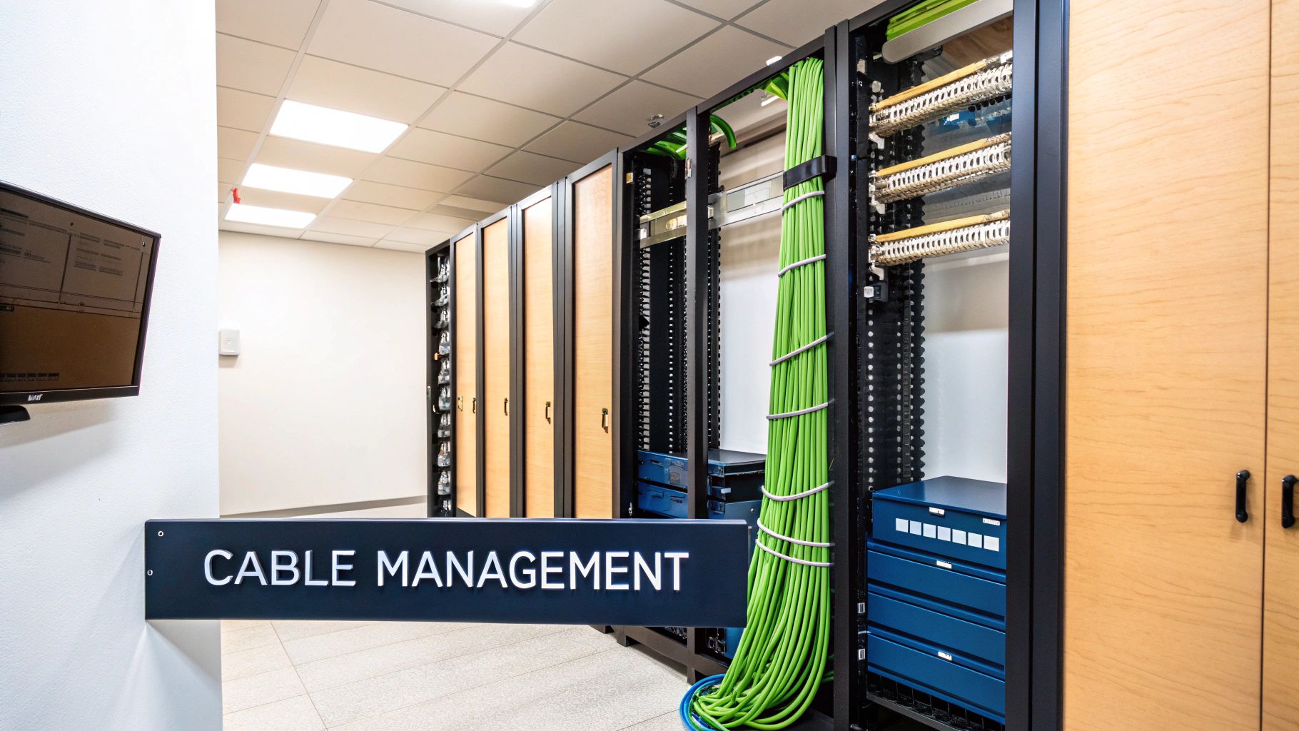 A clean server room with rows of network racks, featuring neatly bundled green cables and a 'CABLE MANAGEMENT' sign.