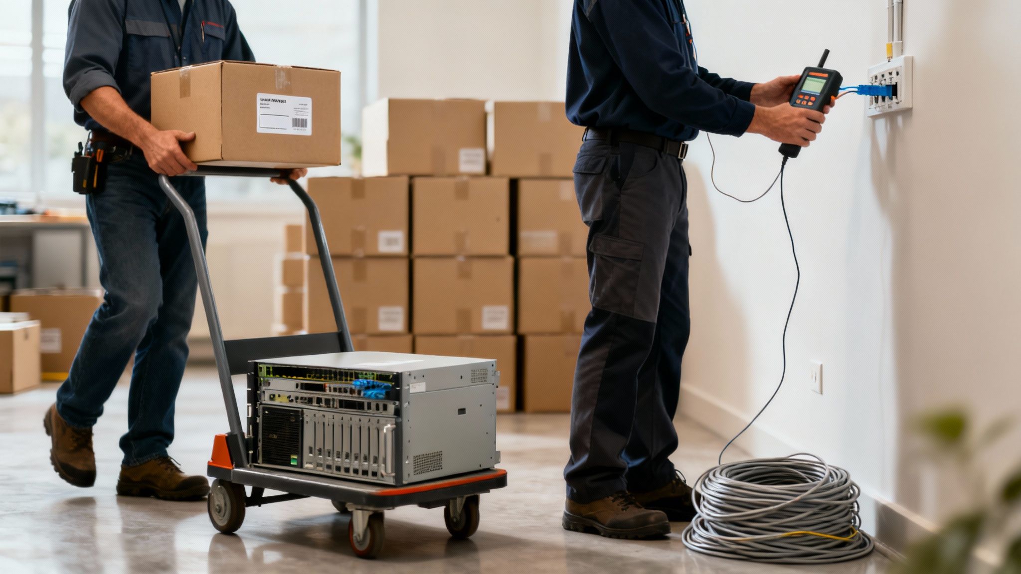 Two technicians installing network equipment and telecommunications infrastructure during office relocation project