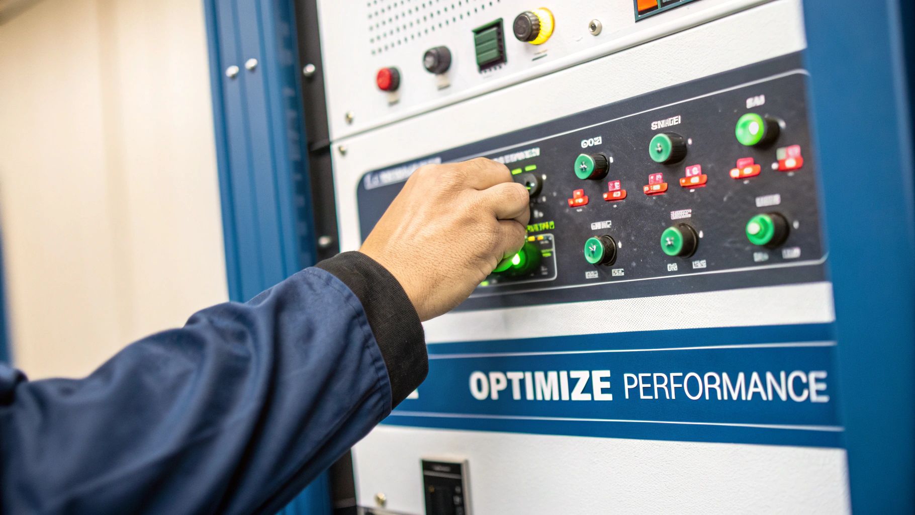Technician fine-tuning a signal booster system in an office environment