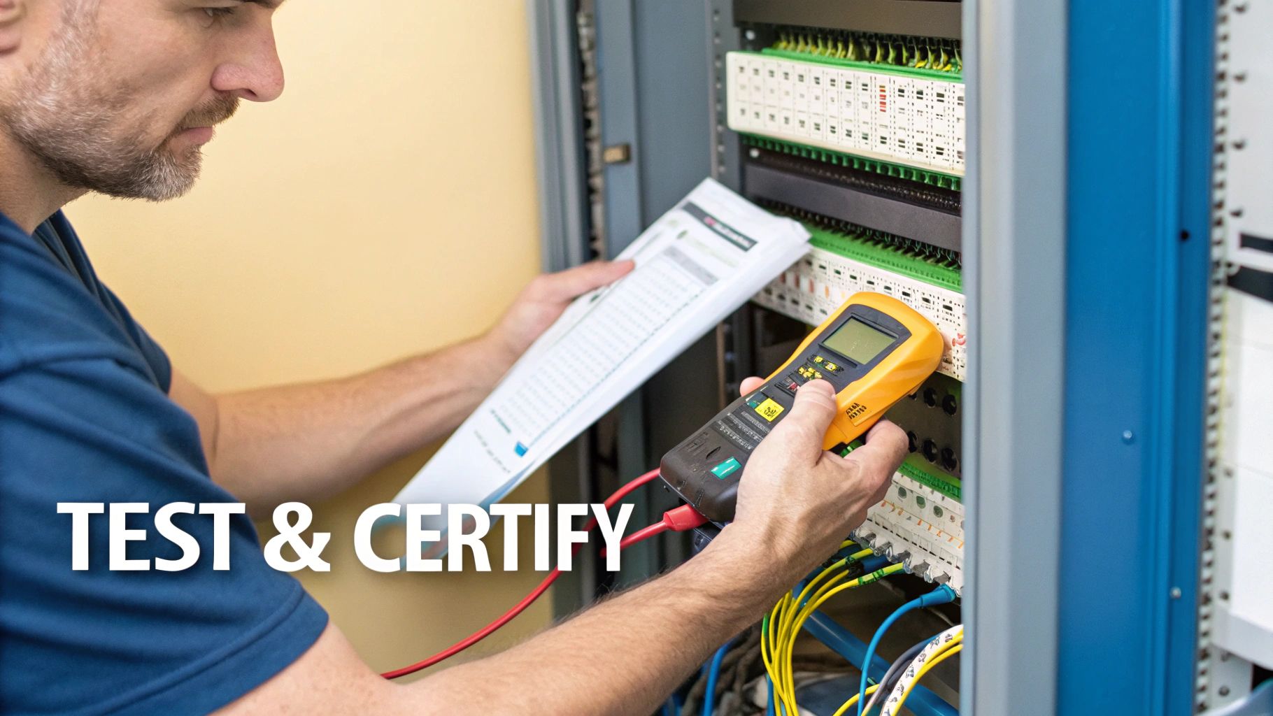 A technician testing and certifying data cabling in a server rack with a multimeter and document.