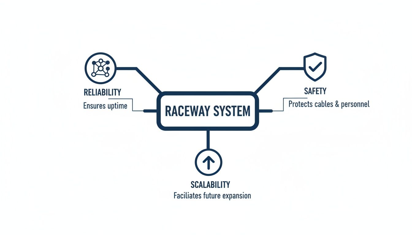 Diagram detailing the key benefits of a raceway system, including reliability, safety, and scalability.