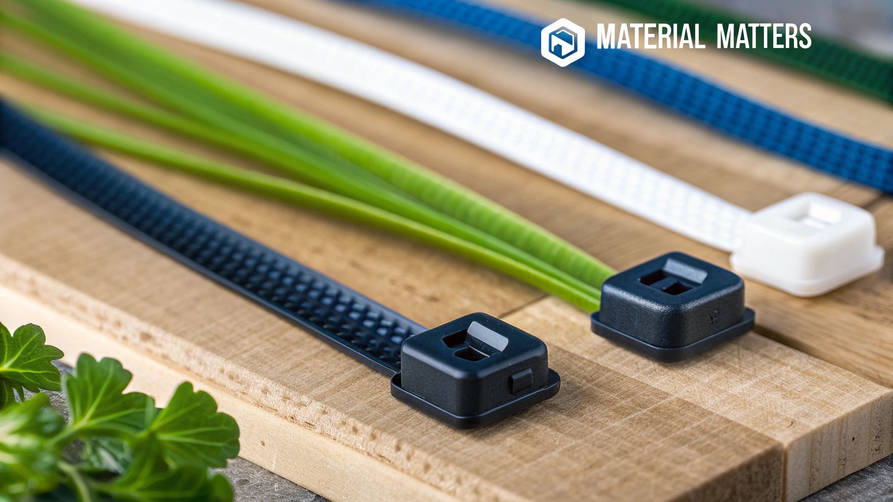 Colorful cable ties with mounts in black, green, white, and blue on a wooden board.