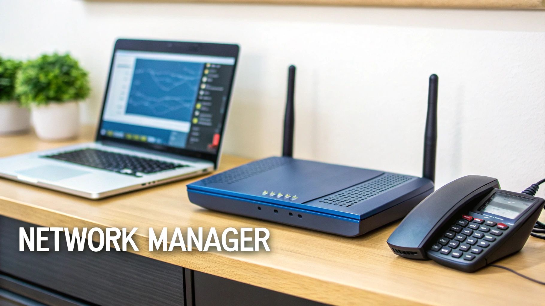 A laptop, blue network router, and black phone on a wooden desk, symbolizing network management.