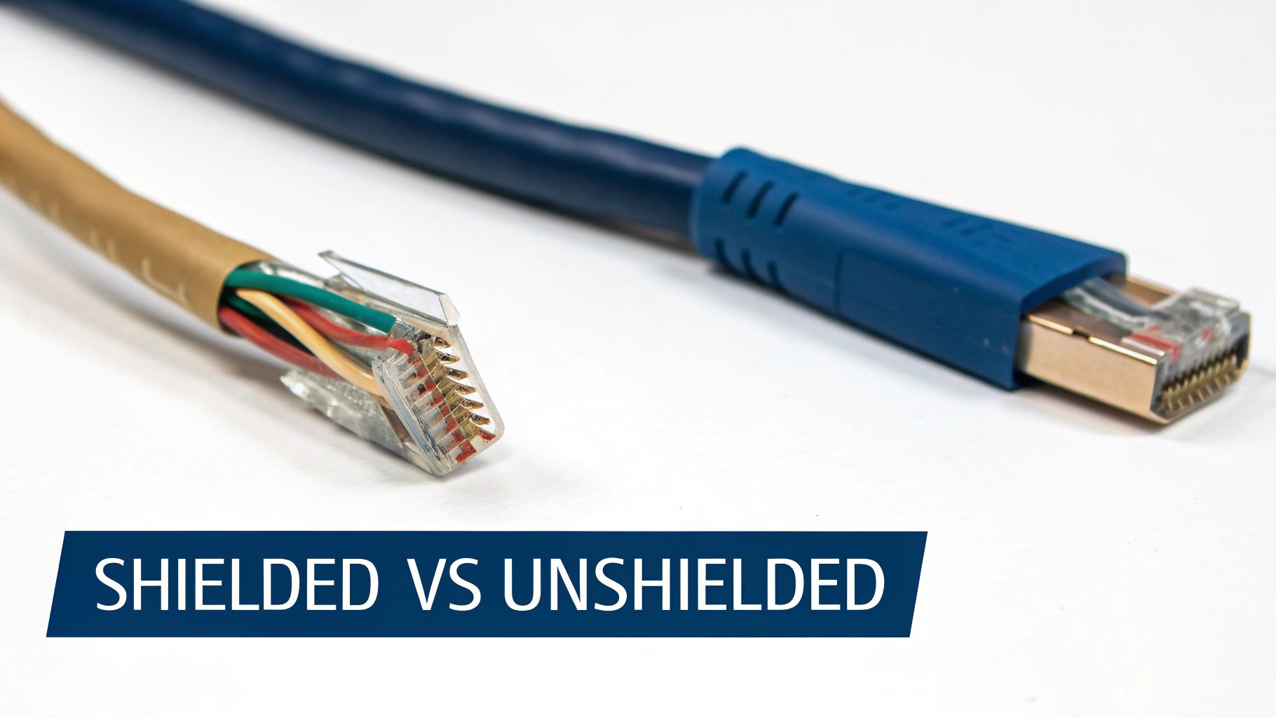 Close-up of unshielded (left) and shielded (right) Ethernet cables with RJ45 connectors, illustrating their construction.