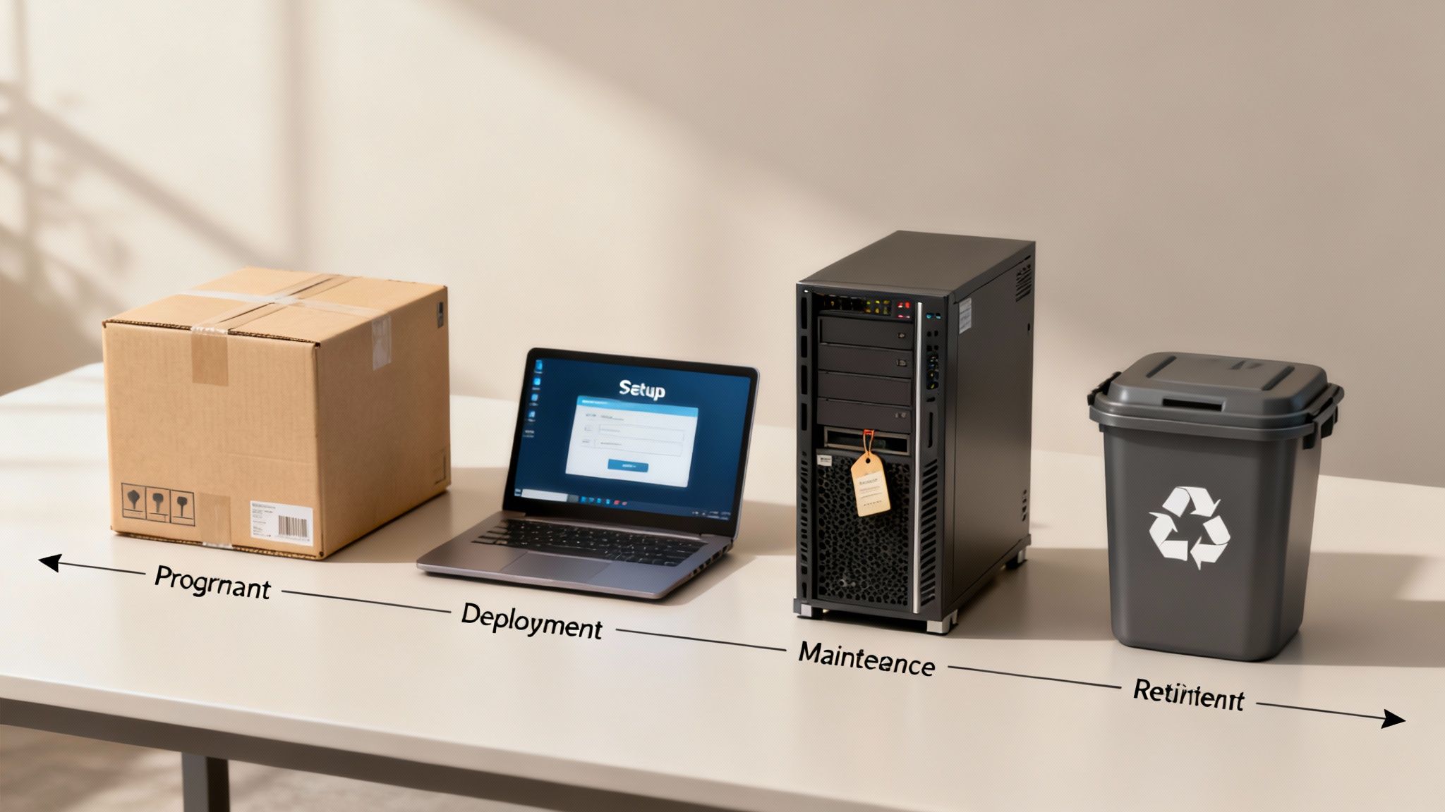 Illustration of an IT asset lifecycle: procurement, deployment, maintenance, and retirement stages.