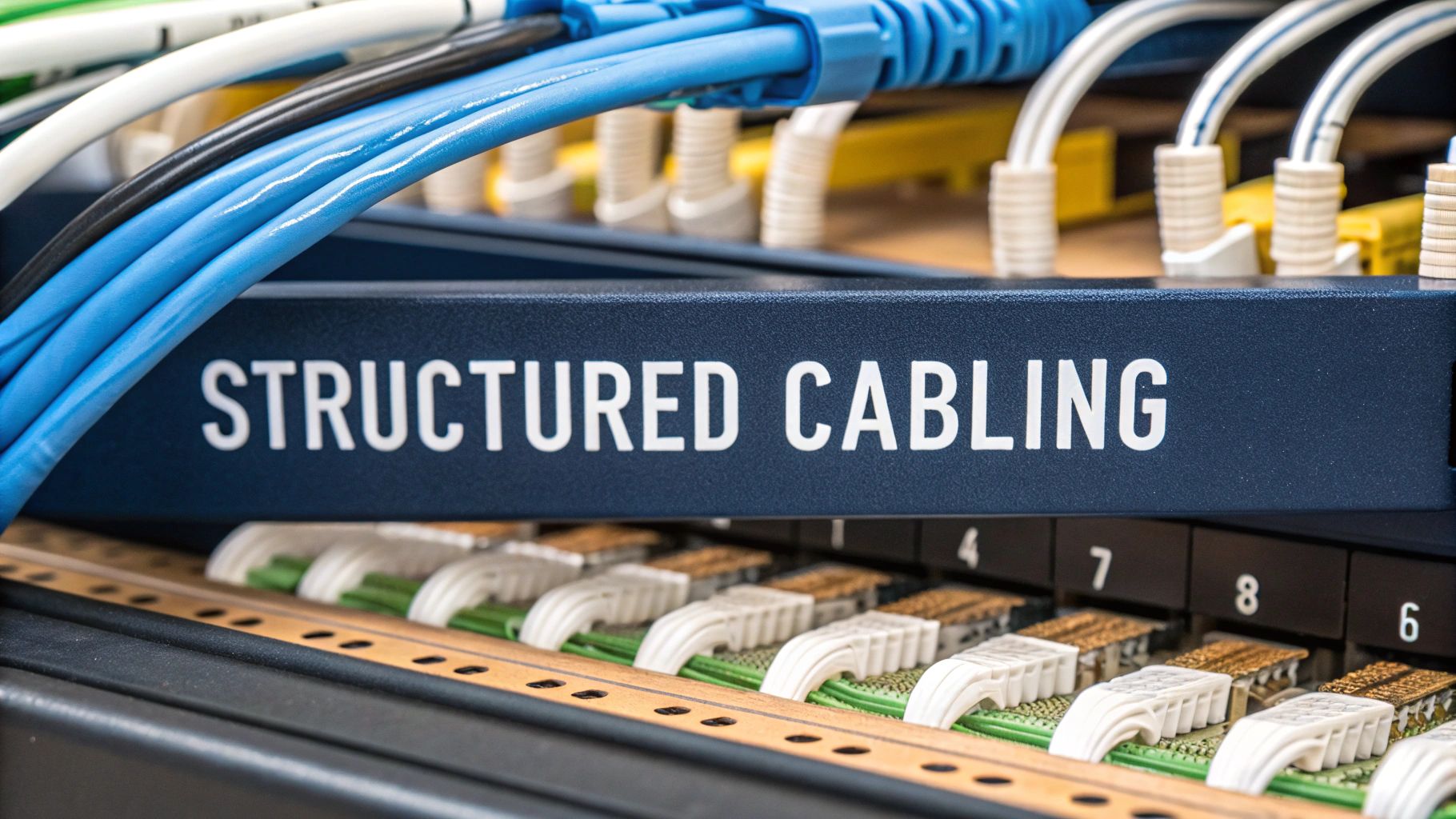 Close-up of a blue panel labeled "STRUCTURED CABLING" with organized network cables and ports.