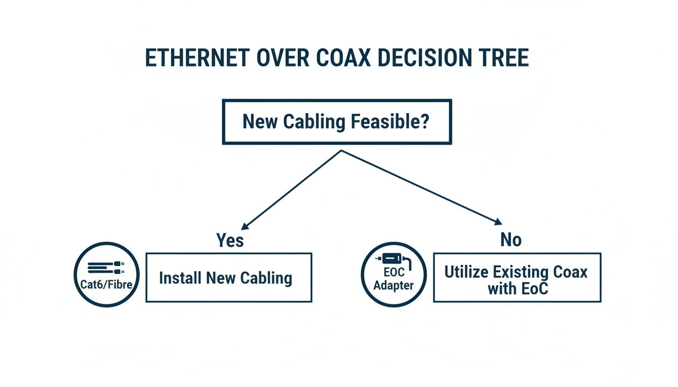 Decision tree illustrating options for Ethernet over Coax, considering new or existing cabling.