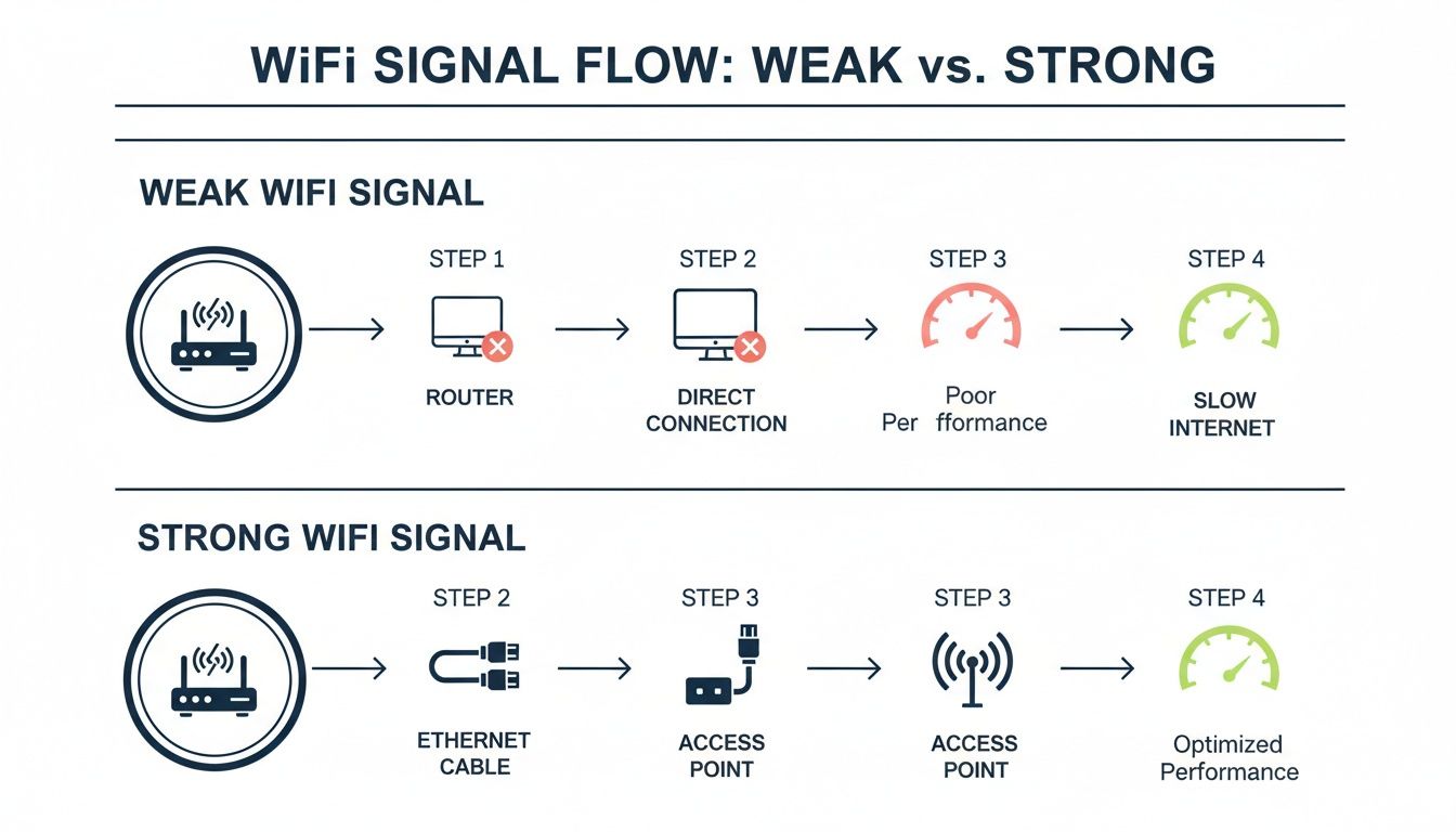 Infographic illustrates weak WiFi signal causes slow internet, while an access point ensures strong, optimized performance.
