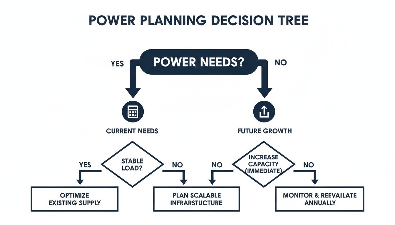 Decision tree outlining power planning steps for current needs, stable load, and future growth.