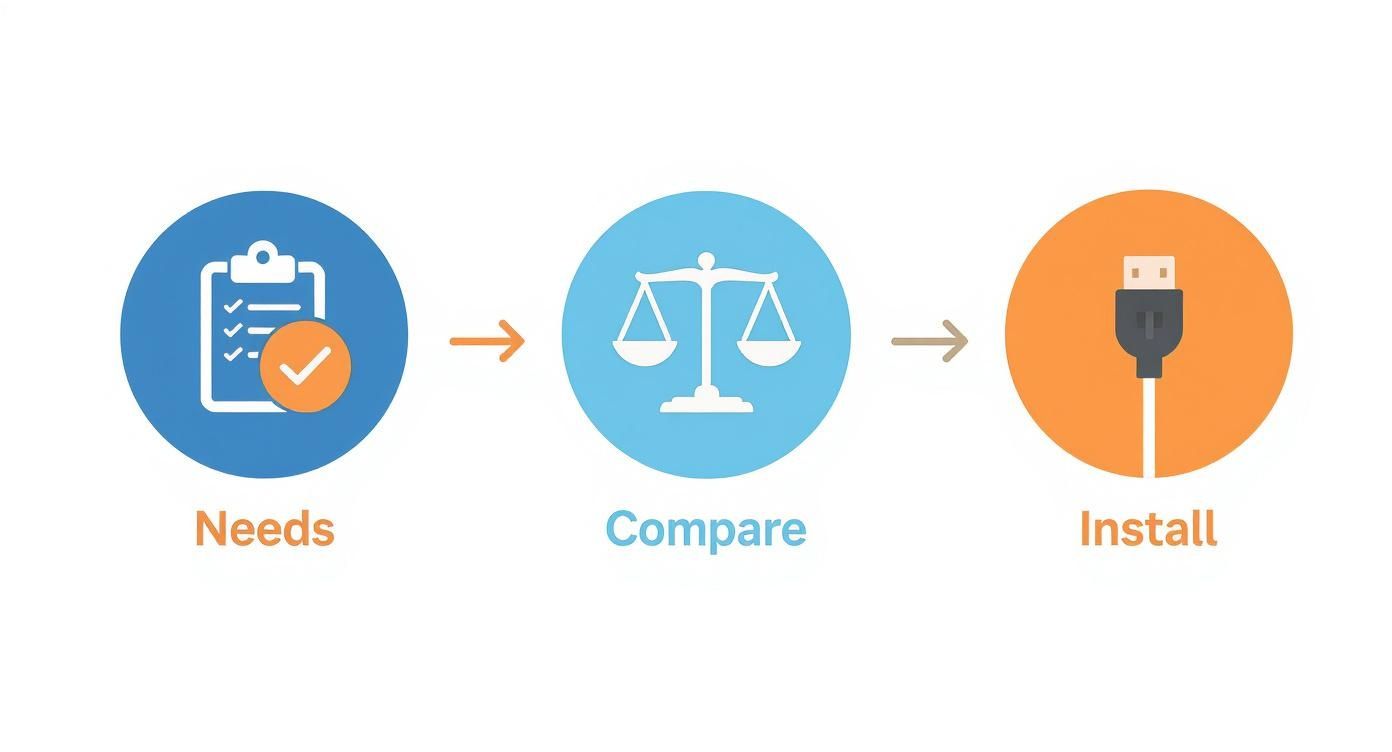 Infographic illustrating the process of identifying needs, comparing options, and installing data cabling.