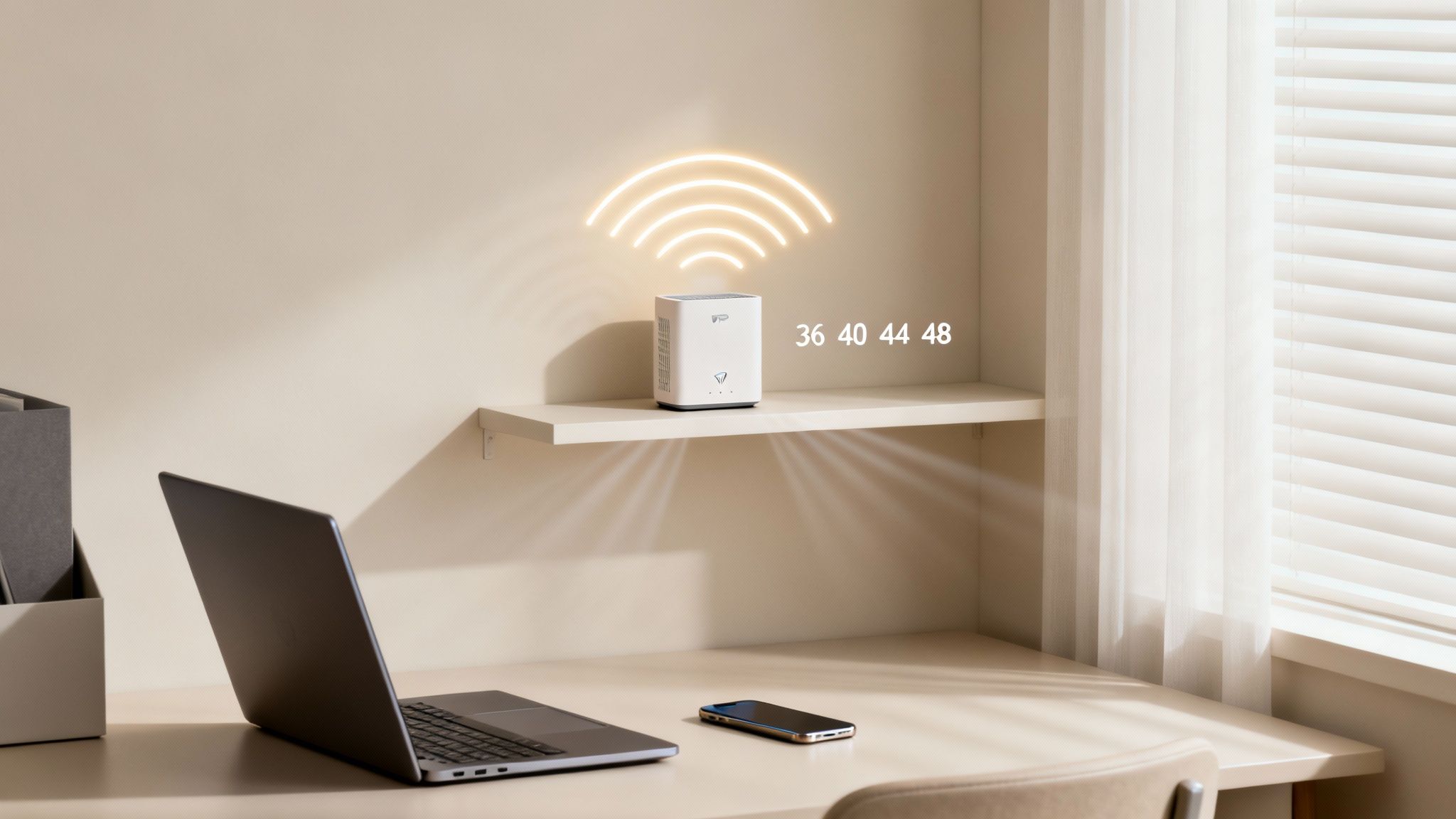 A white Wi-Fi router on a shelf showing active signals and channel numbers 36, 40, 44, 48.