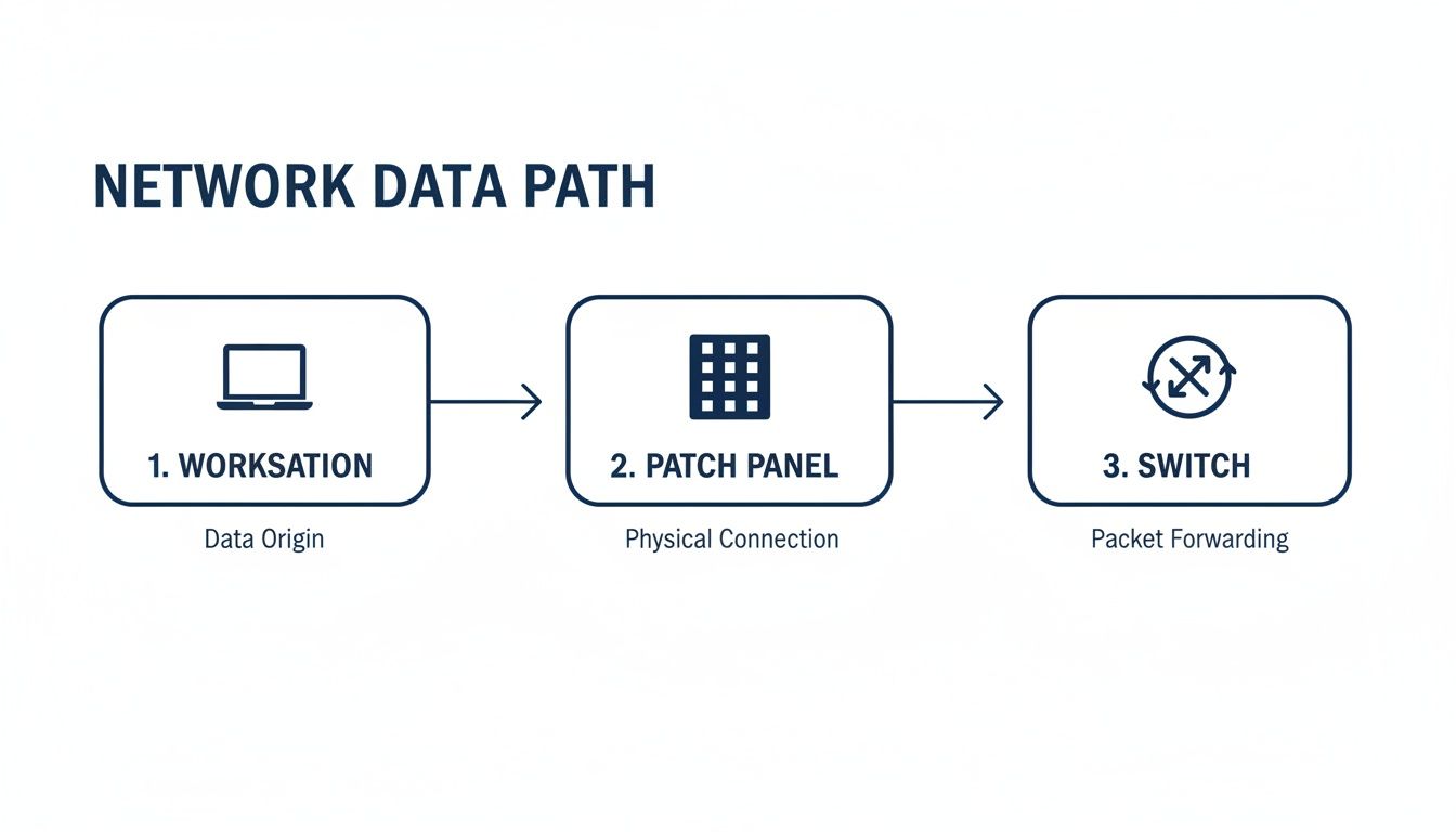 Diagram illustrating the steps of a network data path: workstation, patch panel, and switch.