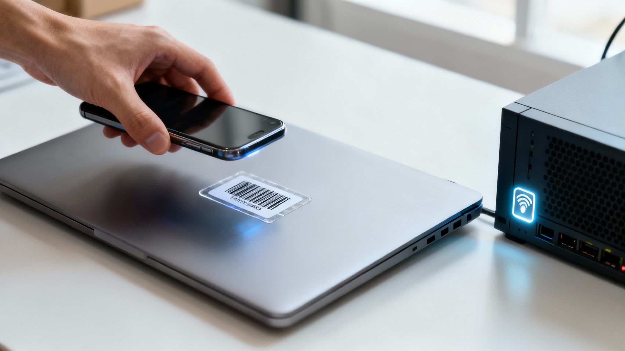 Hand scanning a barcode on a laptop with a smartphone, next to a network server.