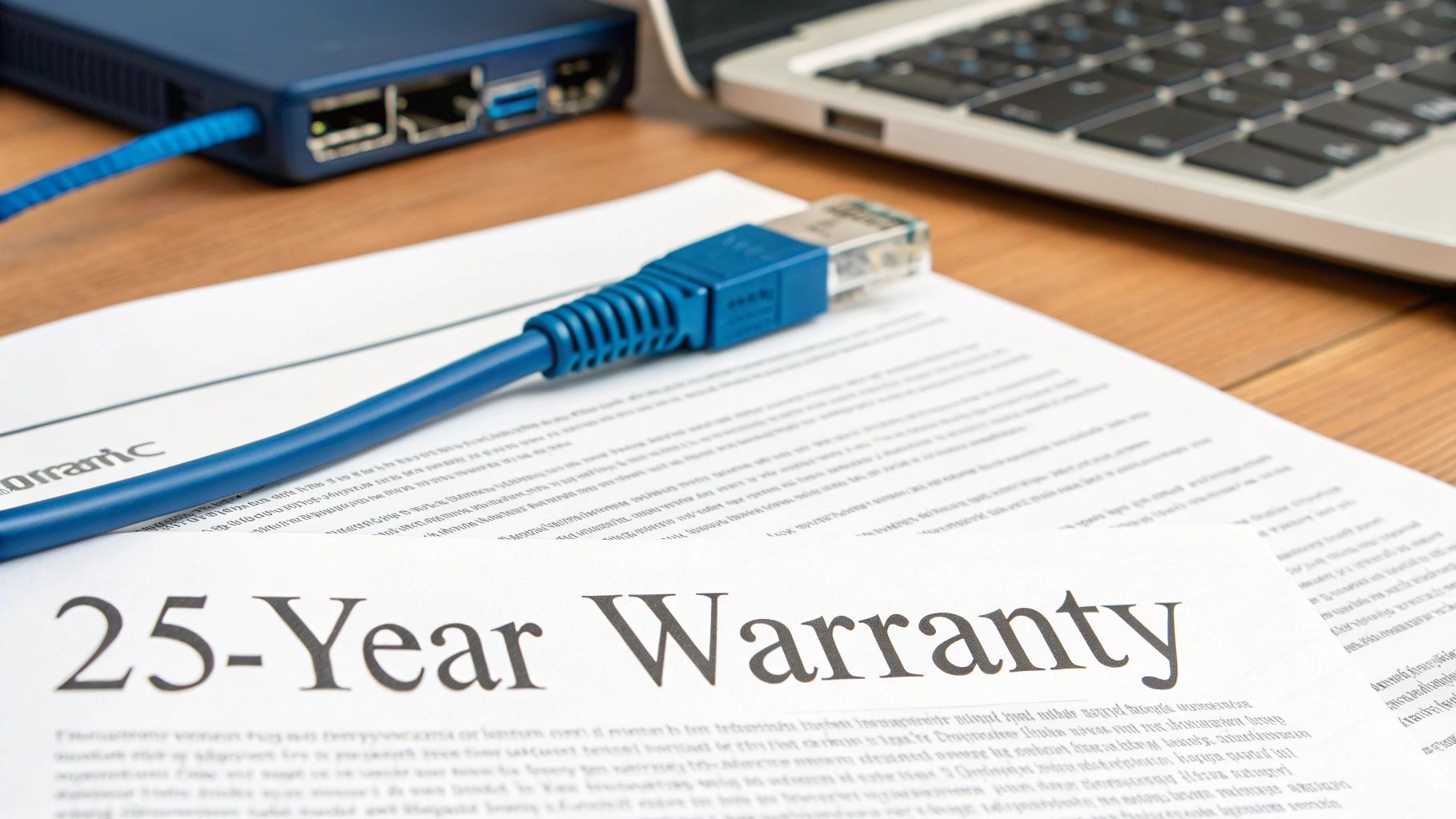 A blue Ethernet cable lies on a document displaying '25-Year Warranty' next to a network device and laptop.