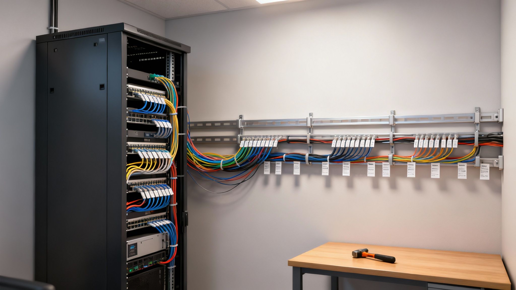 An organised server rack with neatly managed cables.