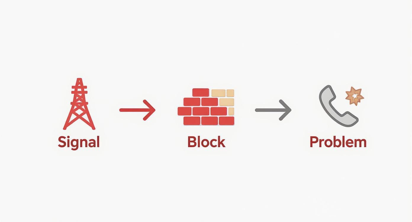 Infographic showing a mobile signal from a tower being blocked by a brick wall, resulting in a broken phone icon