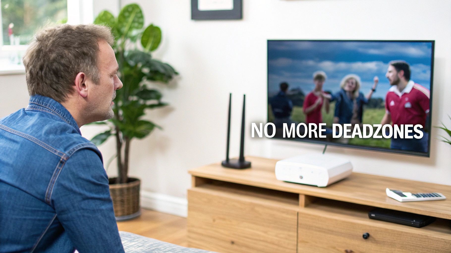 A modern living room with a strong WiFi signal icon, indicating no dead zones.